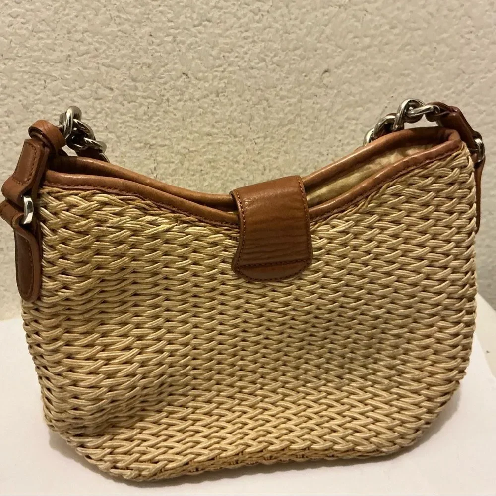 Brighton Tan and Brown Woven Shoulder bag Purse with Medallion